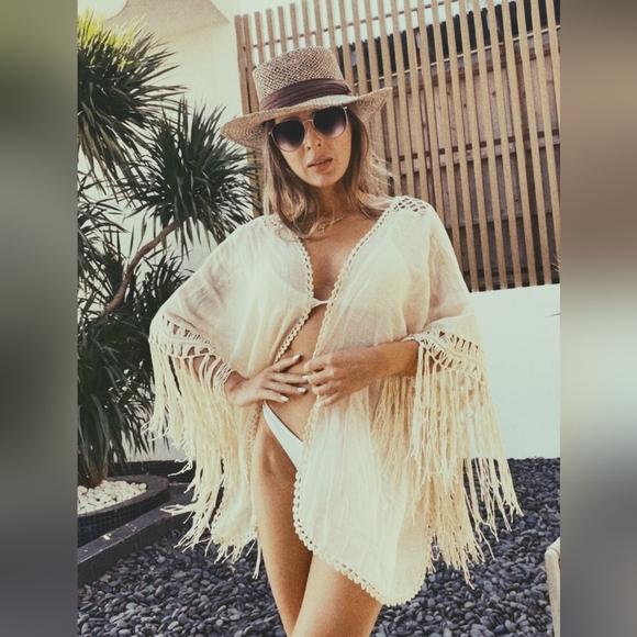 New Boho Chic Crochet Fringe Tassel Cover Up Kimono Cardigan Beige Tan - Picture 1 of 8